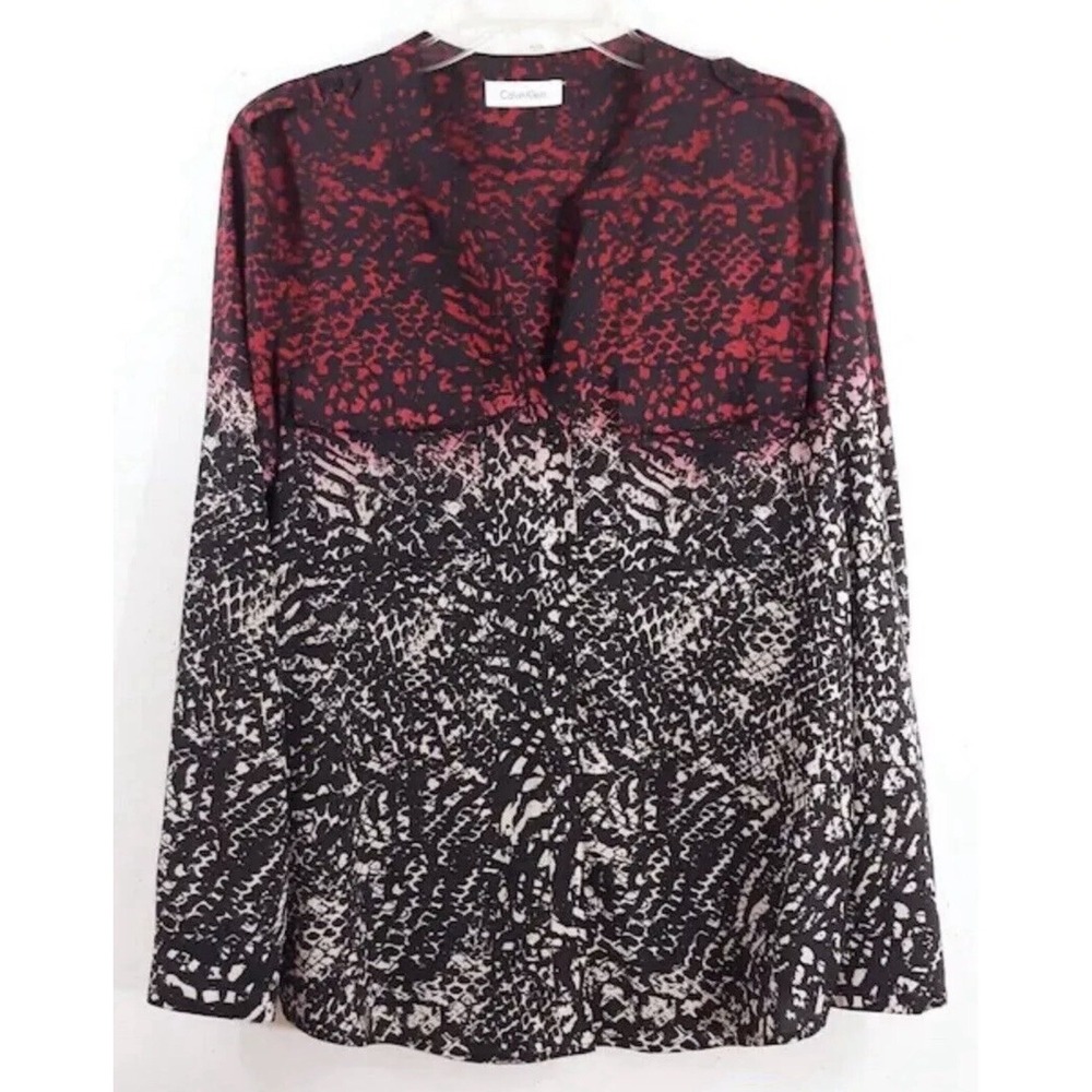 Calvin Klein Blouse Womens L Red Ombré Snakeskin Roll Tab Sleeve Button Up Tunic